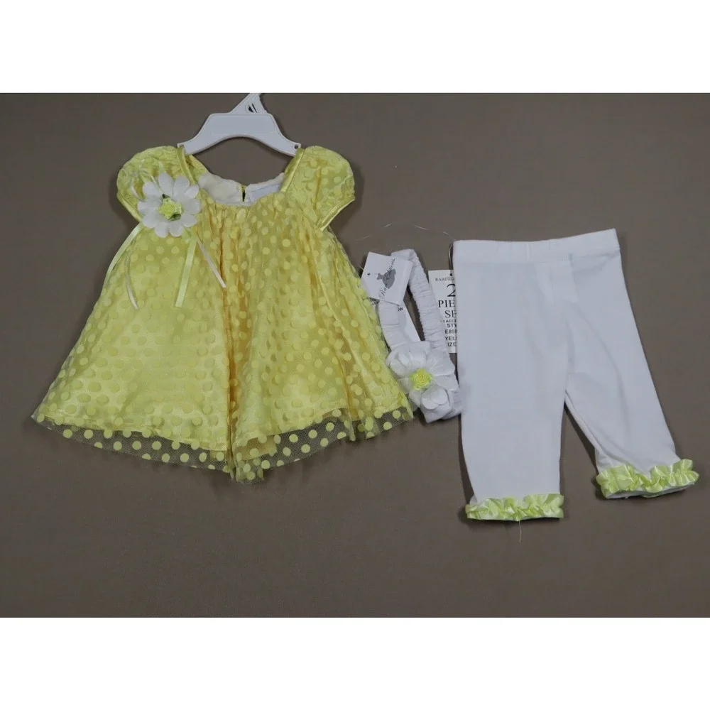 Rare Editions Baby Girls Dot Mesh Top, Legging, Headband, 3 Pc Set - Yellow 3-6M